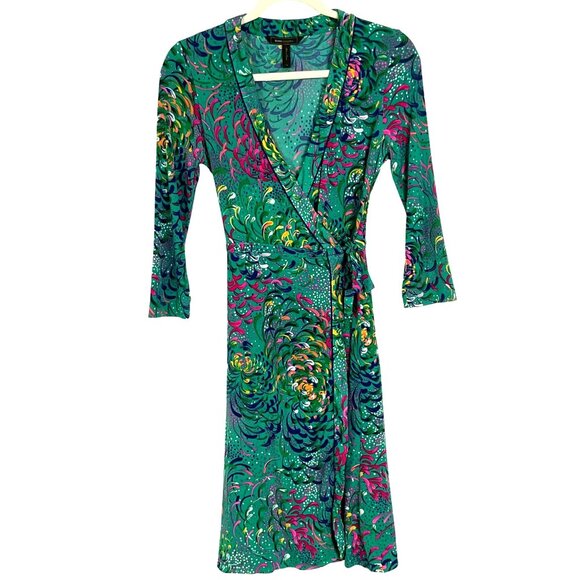 BCBGMaxazria Teal, Floral Wrap Dress, size XS, 95% Polyester & 5% Spandex - Picture 2 of 14